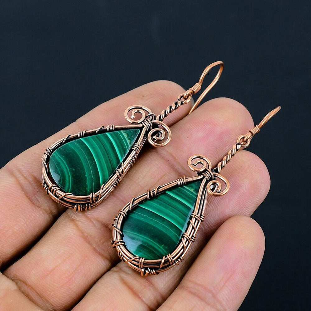 Handmade Metal Wire Wrapped Dangle Pair Earrings Malachite Gemstone Stone Size 20MM Pear Shape Wire Wrapped Setting Earring Foe Women's Gift Jewelry