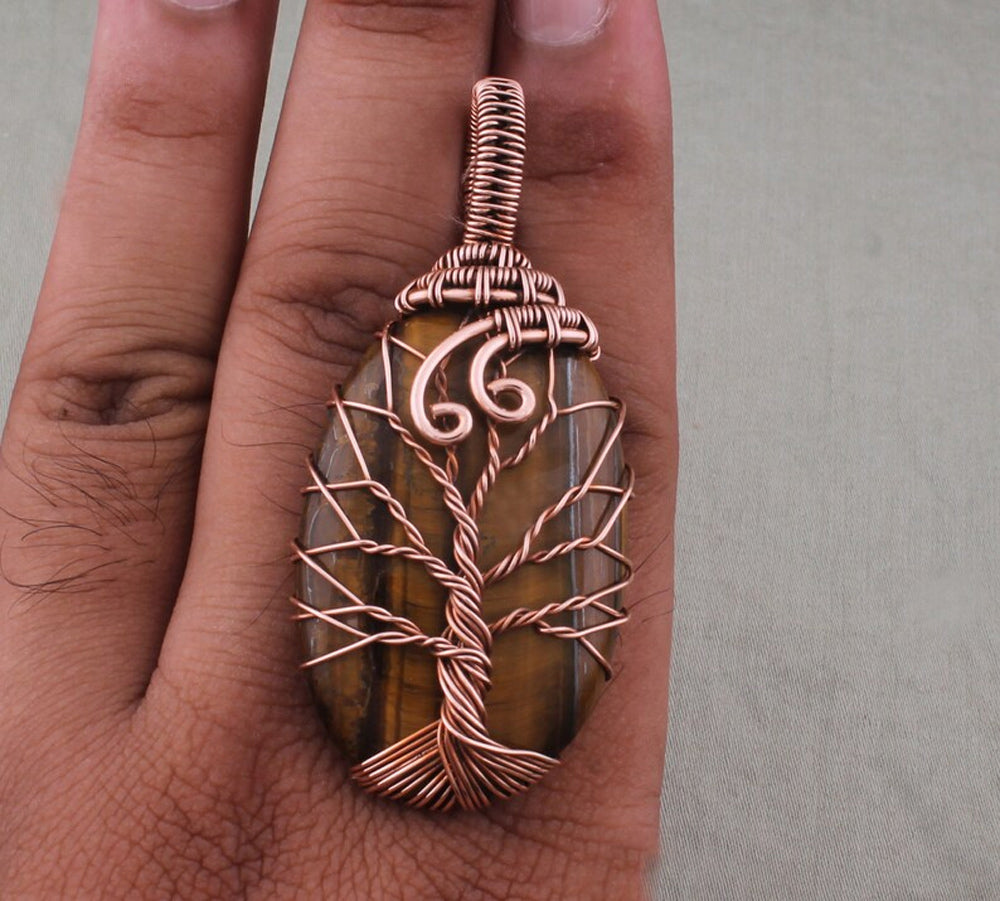 Handmade Copper Bezel With Tree Wire Wrapped Pendant Oval Shape 25To30MM Tiger Eye Stone Pendant For Happy Birthday Gift's