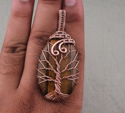Handmade Copper Bezel With Tree Wire Wrapped Pendant Oval Shape 25To30MM Tiger Eye Stone Pendant For Happy Birthday Gift's