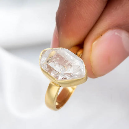 Trendy 925 Sterling Silver Gold Plated Gems Rings 8To10MM Handmade Herkimer Raw Stone Raw Shape Bezel Set Ring For Her Jewelry