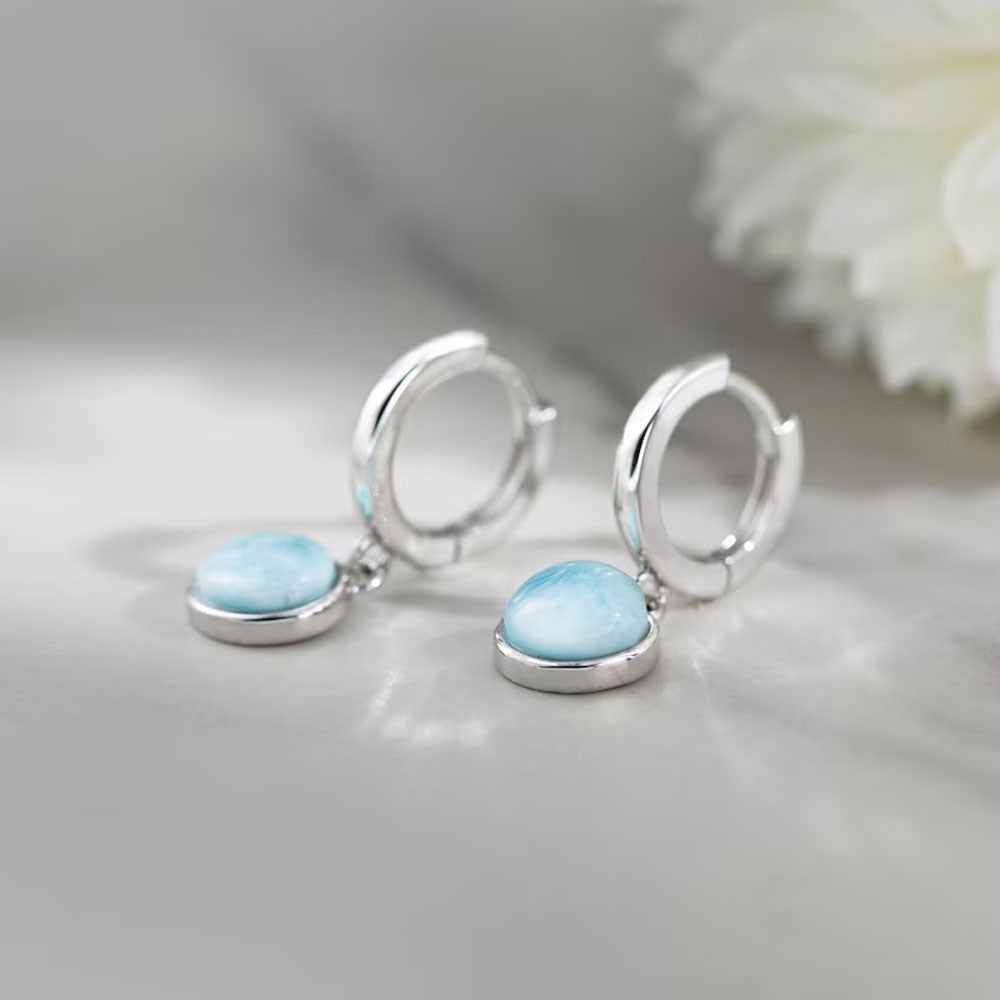 2025 Trendy Crafted By Hand Sterling Silver Pair Earring 10MM Round Shaped Larimar Gemstone Bezel Setting For Anniversary Gift Women or Men Jewelry For Her
