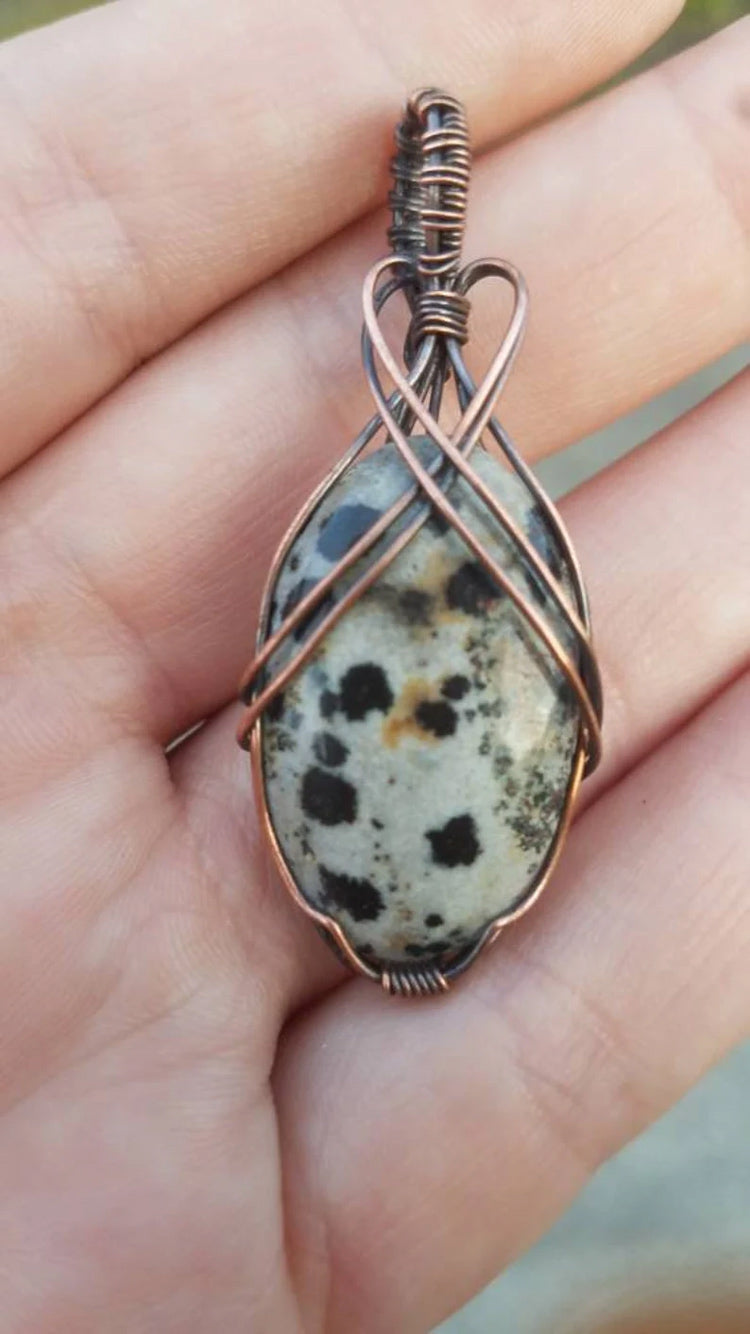 Handmade Copper Bezel With Wire Wrapped Pendant Oval Shape 25To30MM Dalmatian Stone Pendant For Happy Birthday Gift's