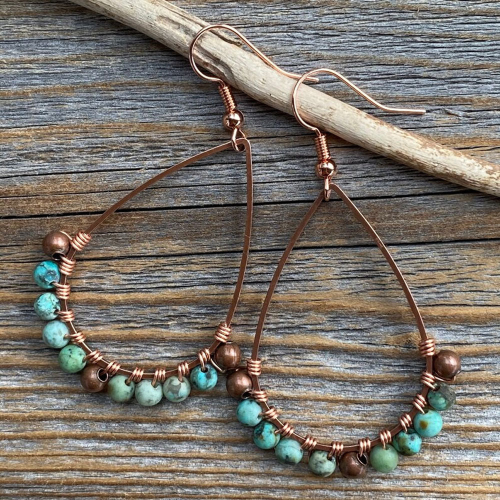 Handmade Metal Wire Wrapped Dangle Pair Earrings Turquoise Beads Gemstone Stone Size 3X5MM Round Shape Wire Wrapped Setting Earring Foe Women's Gift Jewelry