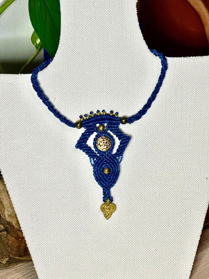 Royal Blue Macramé Pendant with Brass Accents | Hariom Creations
