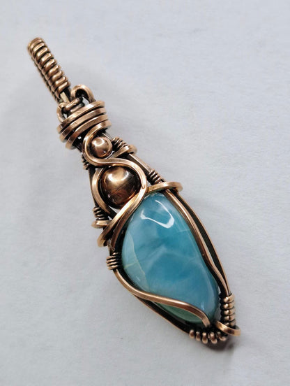 Larimar Gemstone Copper Wire Wrapped Pendant Handmade