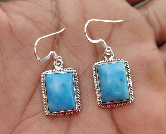 2025 Trendy Crafted By Hand Sterling Silver Pair Earring 8X10MM Rectangle Shaped Larimar Gemstone Bezel Setting For Anniversary Gift Women or Men Jewelry For Her