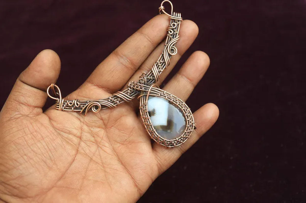 Handmade Wire Wrapped Brass Necklace Stone Size 25To30MM Pear Shape White Onyx Stone Bezel Set Necklace For Happy Birthday Gift For Women