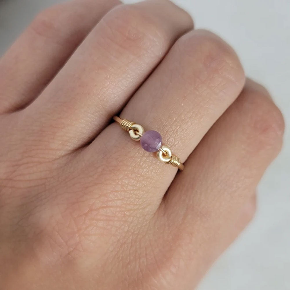 Gold Wire-Wrapped Amethyst Bead Ring - Dainty Jewelry