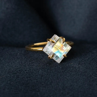 Trendy 925 Sterling Silver Gold Plated Gems Rings 10MM Handmade Rainbow Moonstone Square Octagon Shape Prong Set Ring For Her Jewelry