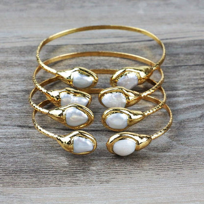 2025 Trendy 925 Sterling Silver Gold Plated Adjustable Bangles 10To12mm Any Shape White Pearl Gemstone Bezel Setting For Anniversary Gift's Women or Men Jewelry For Her