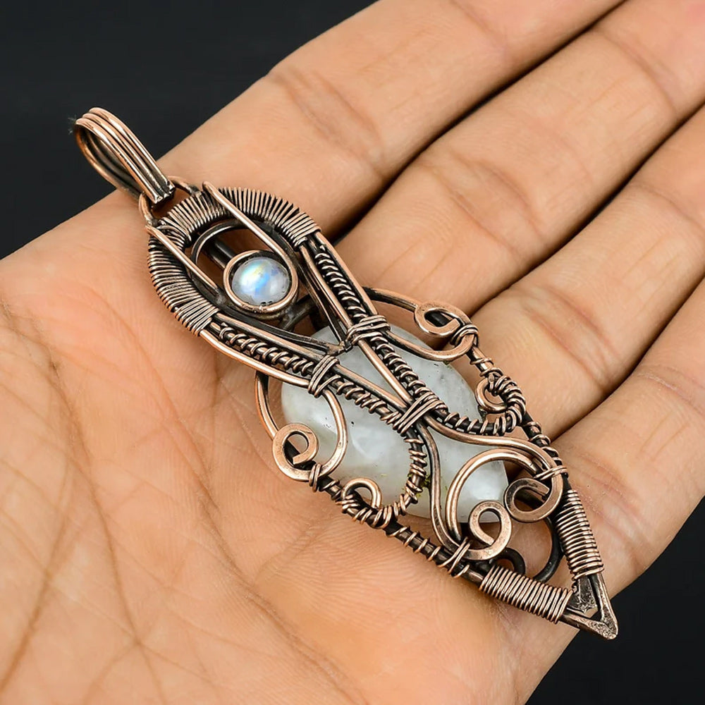 Awesome Handmade Copper/Brass Bezel With Wire Wrapped Pendant Pear Shape 25To30MM Rainbow Moonstone Pendant For Happy Birthday Gift's