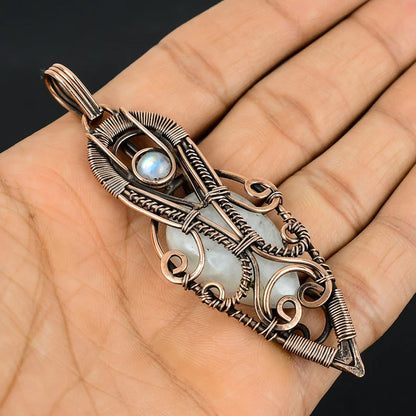 Awesome Handmade Copper/Brass Bezel With Wire Wrapped Pendant Pear Shape 25To30MM Rainbow Moonstone Pendant For Happy Birthday Gift's