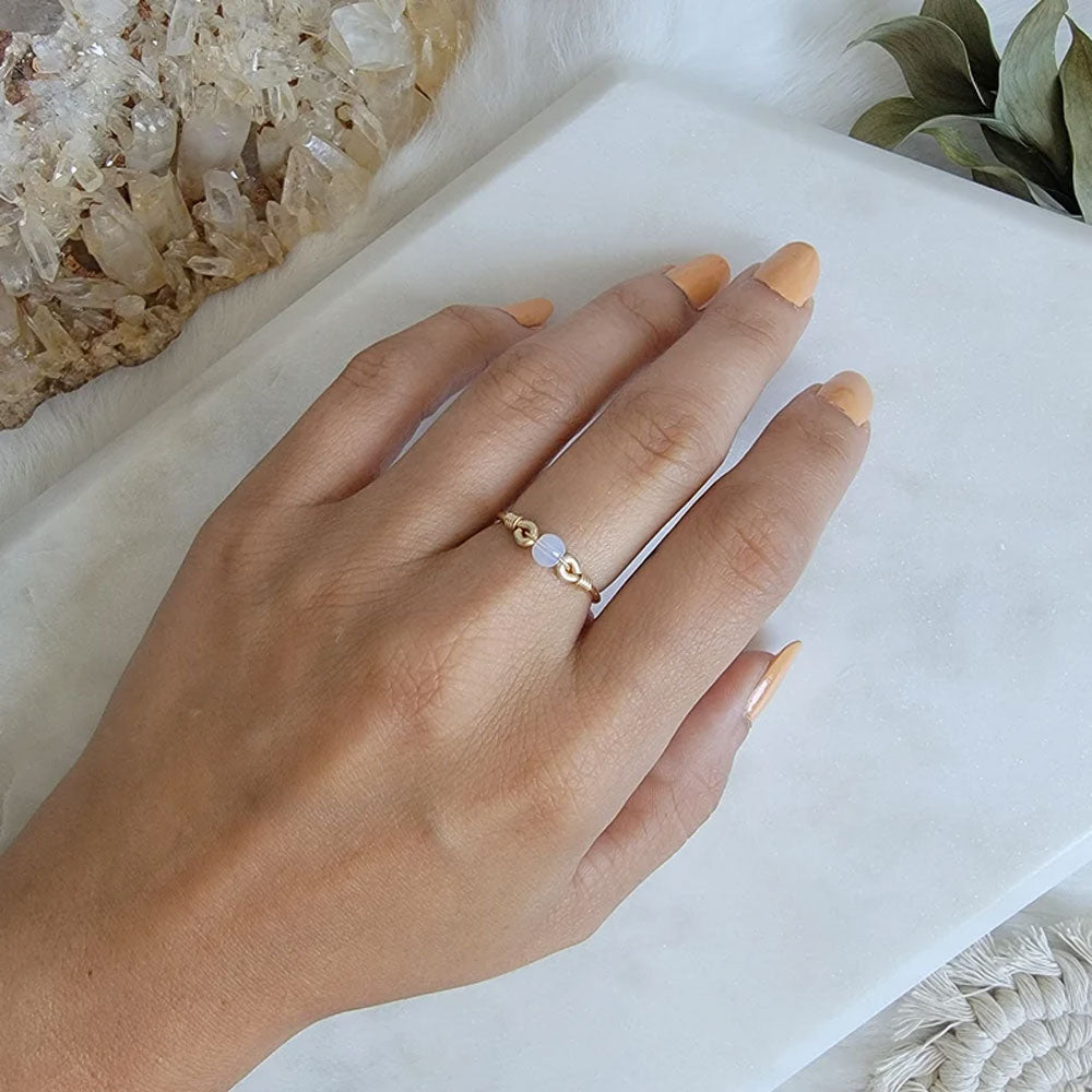 Gold Wire Knot Ring with Opalite Moonstone Bead