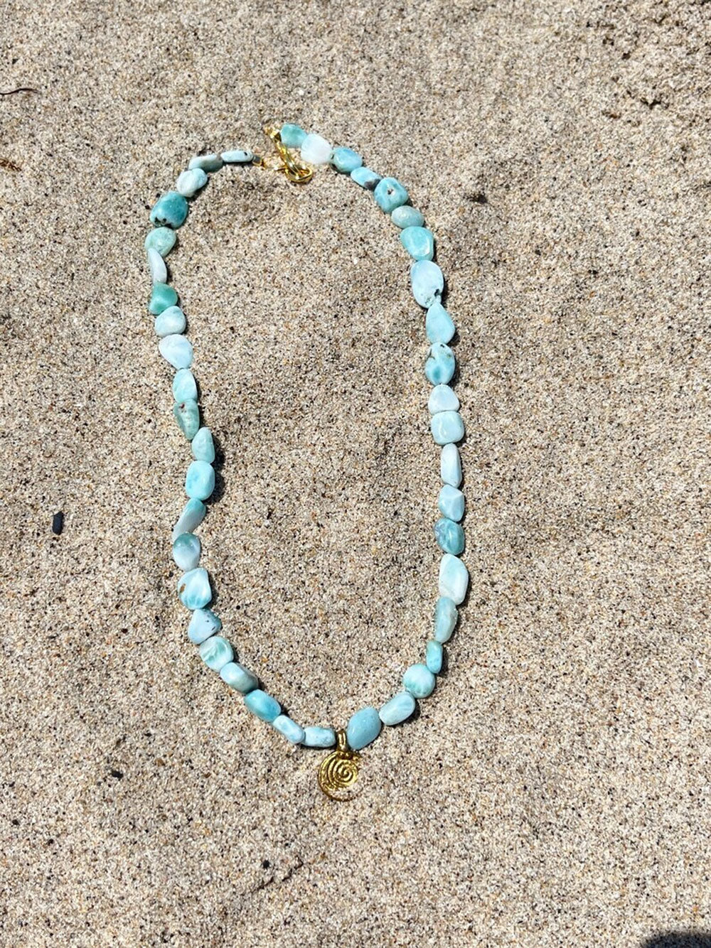 Handmade Larimar Beads Necklace with Brass Chain