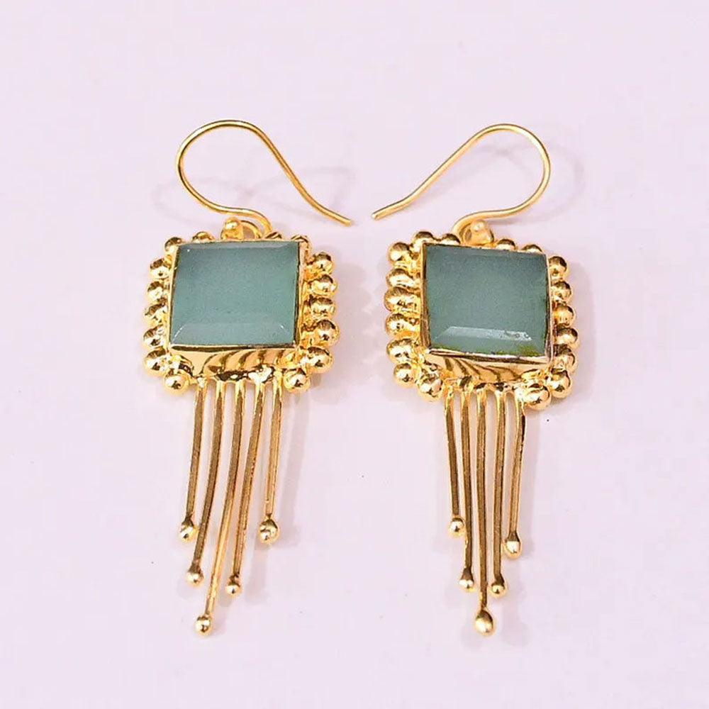 Designer Gold Plated Square Blue Chalcedony Fringe Earrings