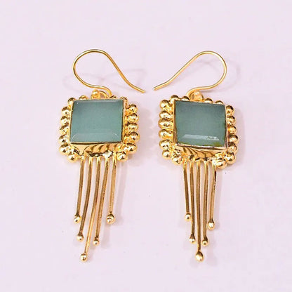 Designer Gold Plated Square Blue Chalcedony Fringe Earrings