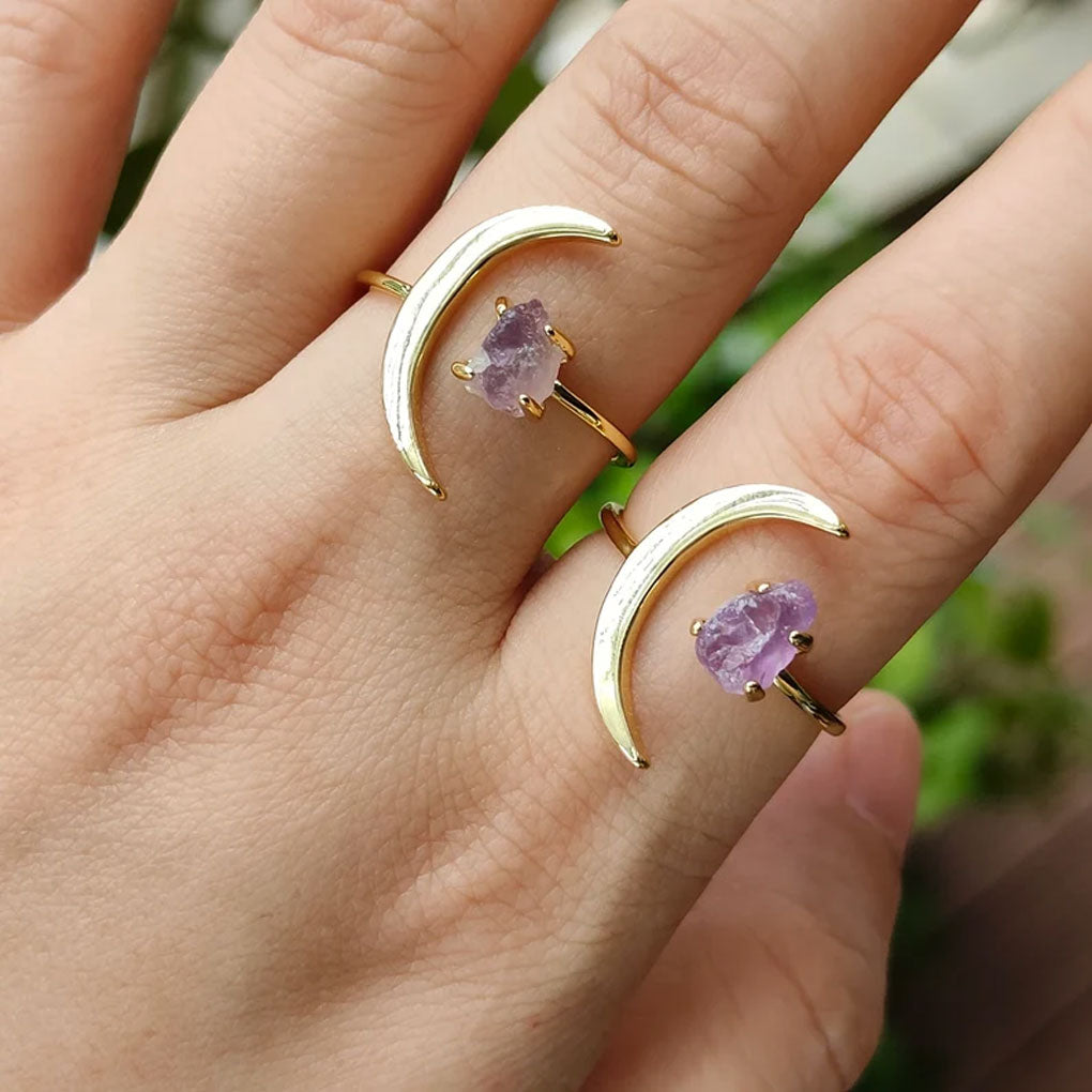 Trendy 2025 Half Moon Shape 15mm 925 Sterling Silver Gold Plated Ring With Amethyst Raw Gemstone Crafted By Hand Jewelry Fine Ring Prong Setting For Anniversary Gift's Women or Men Jewelry For Her
