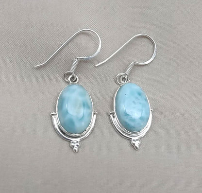 2025 Trendy Sterling Silver Dangle Pair Earring 10X14MM Oval Shaped Larimar Gemstone Bezel Setting For Anniversary Gift Women or Men Jewelry For Her