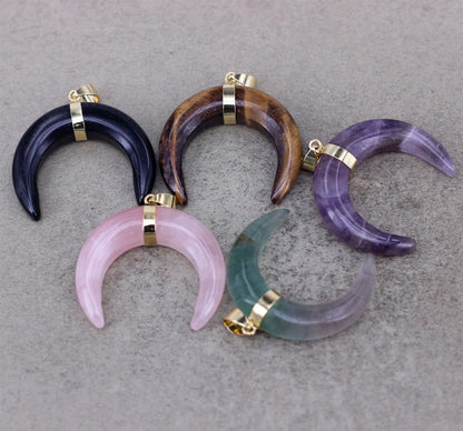 OX-Horn Pendant Natural Crescent Moon Pendants 12mm Natural Multi Color Gemstone 925 Sterling Silver Bezel Set Anniversary Gift's Women or Men Jewelry For Her