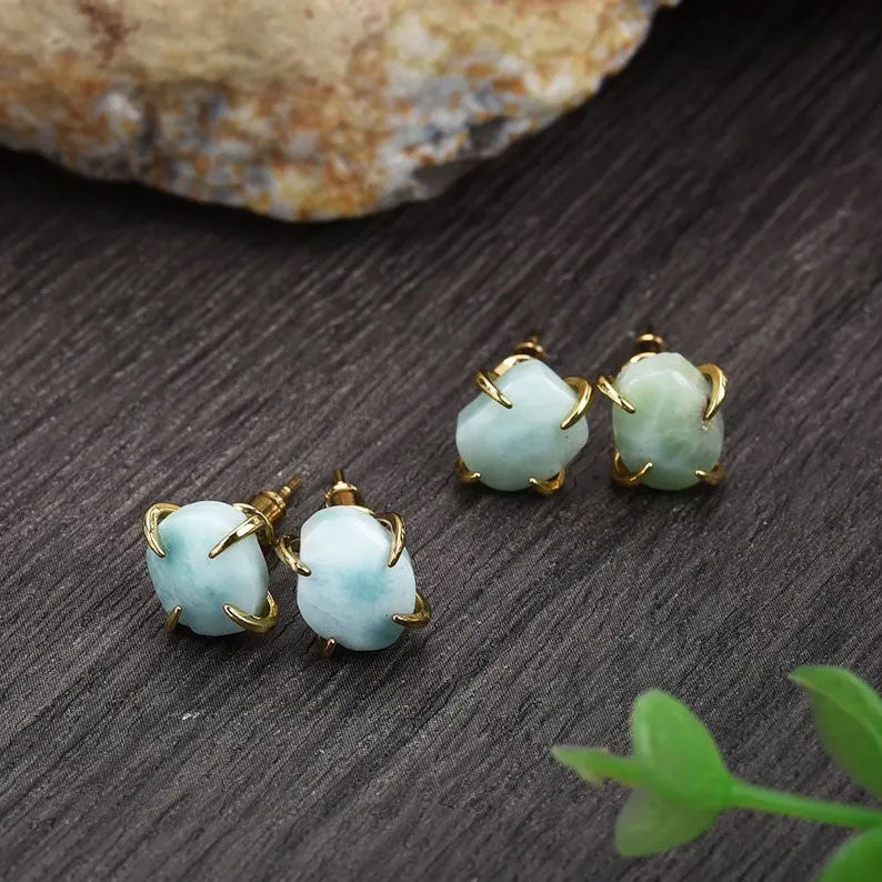 2025 Trendy Sterling Silver Stud Pair Earring 8X10MM Unione Shaped Larimar Gemstone Bezel Setting For Anniversary Gift Women or Men Jewelry For Her