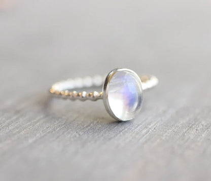 Rainbow Moonstone Gems Oval Shape Rings 8To10MM Approx Handmade Sterling Silver Ring Bezel Set  For Anniversary Gift Women or Men Jewelry For Her