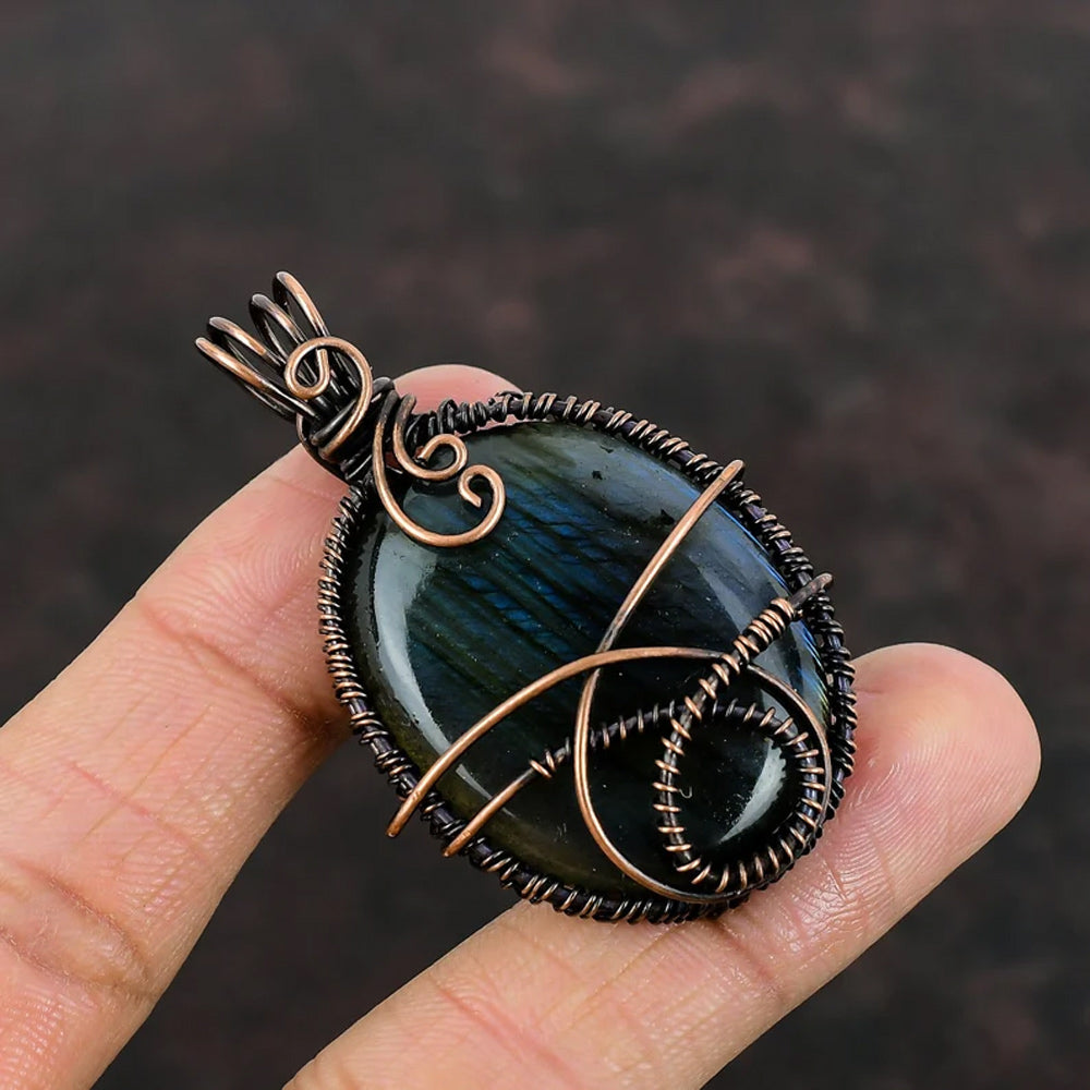 Awesome Handmade Copper/Brass Bezel With Wire Wrapped Pendant Oval Shape 20To25MM Labradorite Stone Pendant For Happy Birthday Gift's
