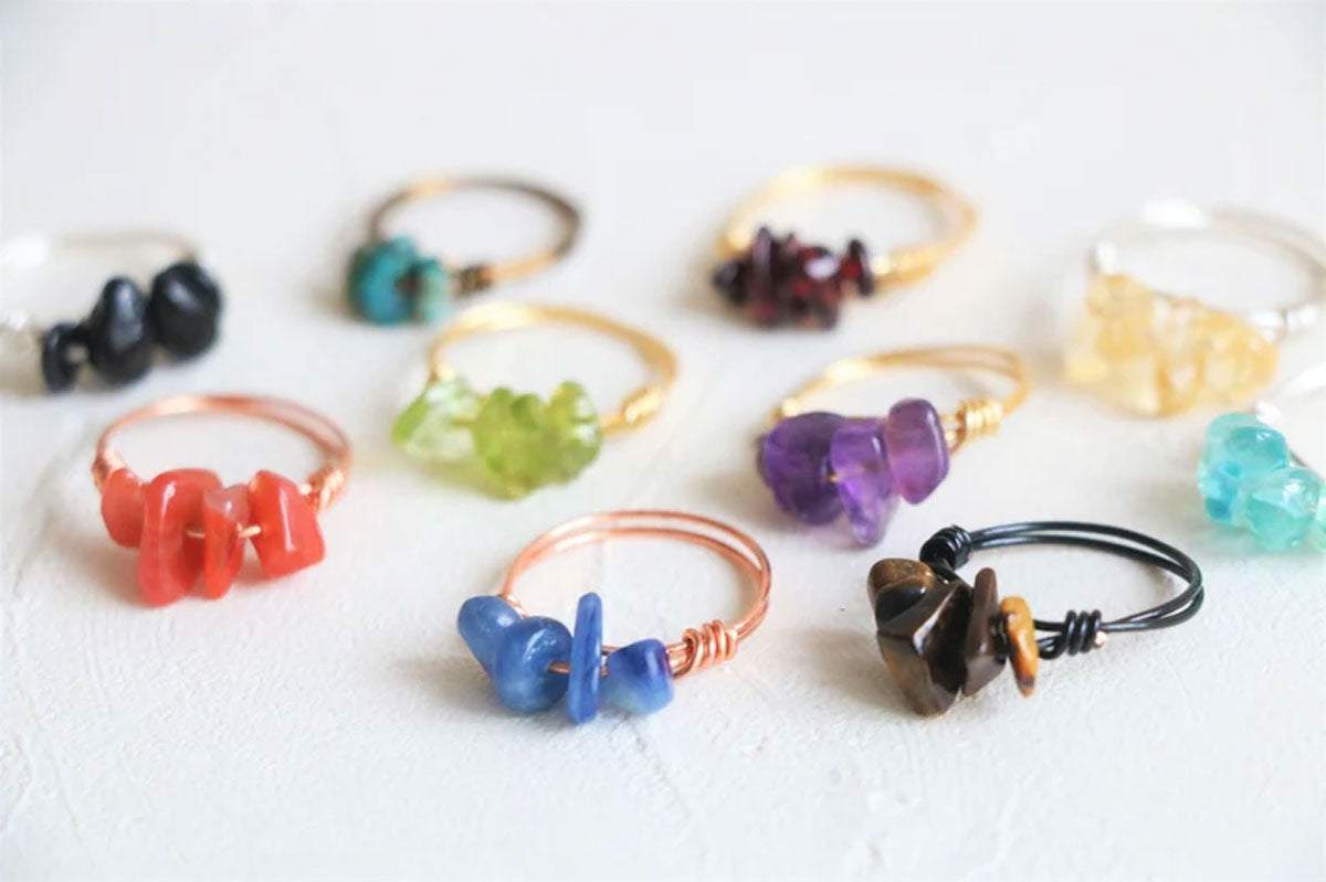 Wire Wrapped Rings with Tumbled Healing Stones