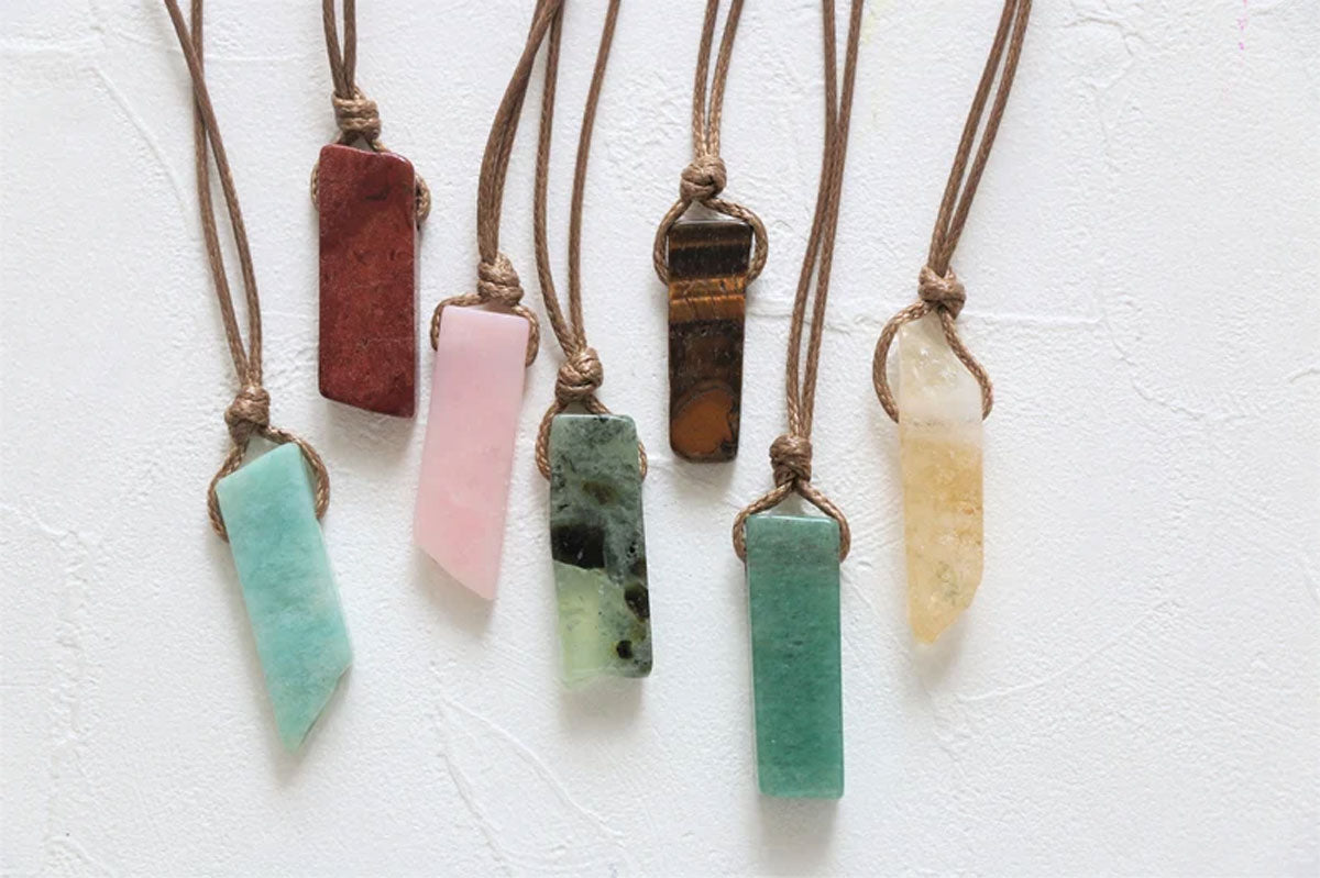 Raw Gemstone Slab Pendant on Adjustable Brown Cord
