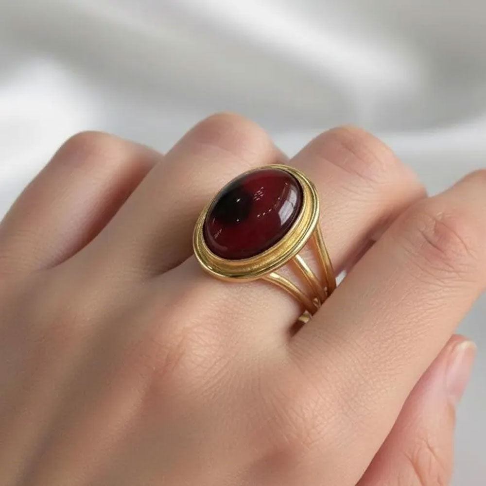 Classic Gold Triple-Band Ring with Oval Garnet