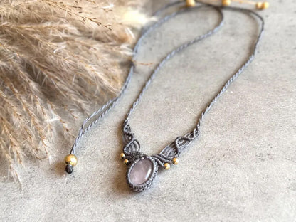 Crafted By Hand Macrame Necklace Oval Shape 15To20MM Approx Rose Quartz Gems Jewelry Awesome Necklace Gray Color Threads Bezel Set For Happy Birthday Gift Women Jewelry