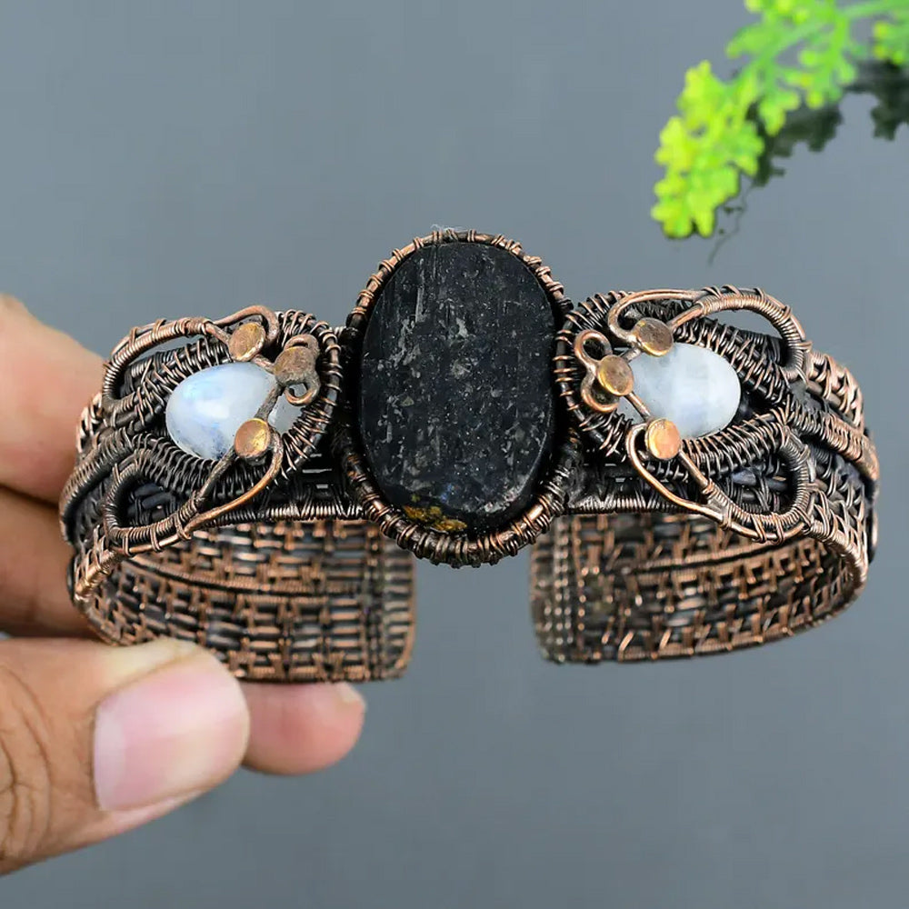Handmade 25t030MM Oval Shape Black Druzy Stone With 10To15MM Rainbow Moonstone Copper Adjustable Bracelet Bezel With Copper Wire Wrapped Set Fashion Bracelet For Women Gift's