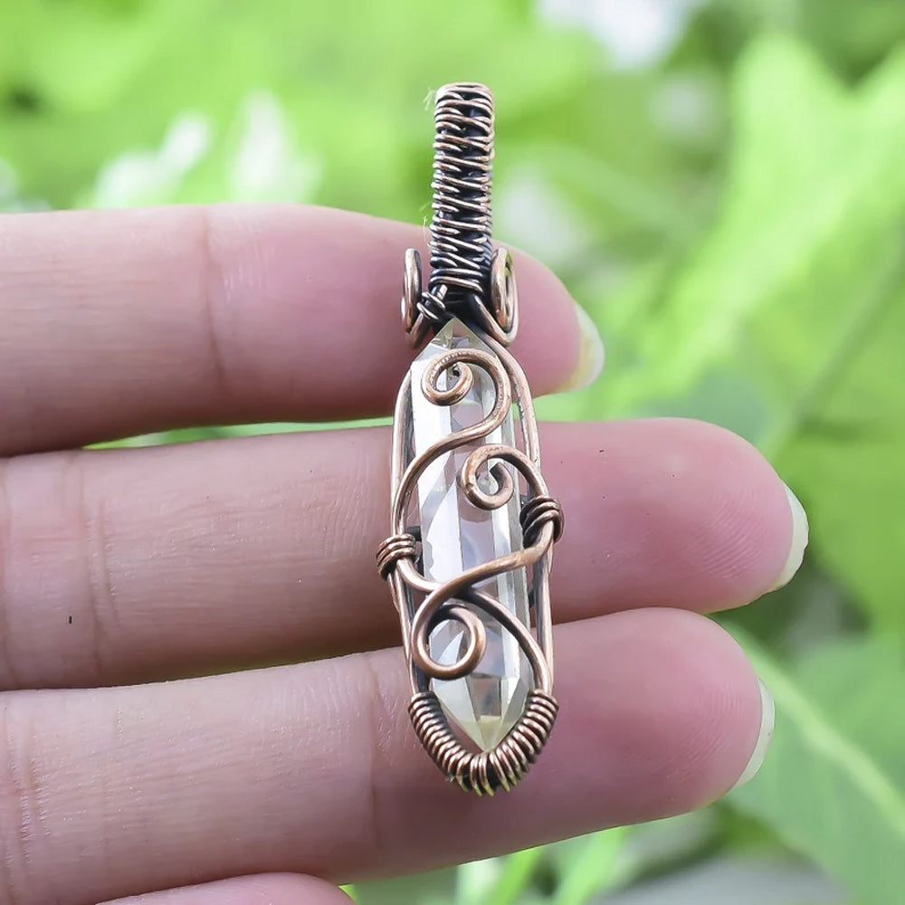 Awesome Handmade Copper/Brass Wire Wrapped Pendant Pencil Shape 25To30MM Crystal Stone Pendant For Anniversary Gift for Wife Jewelry