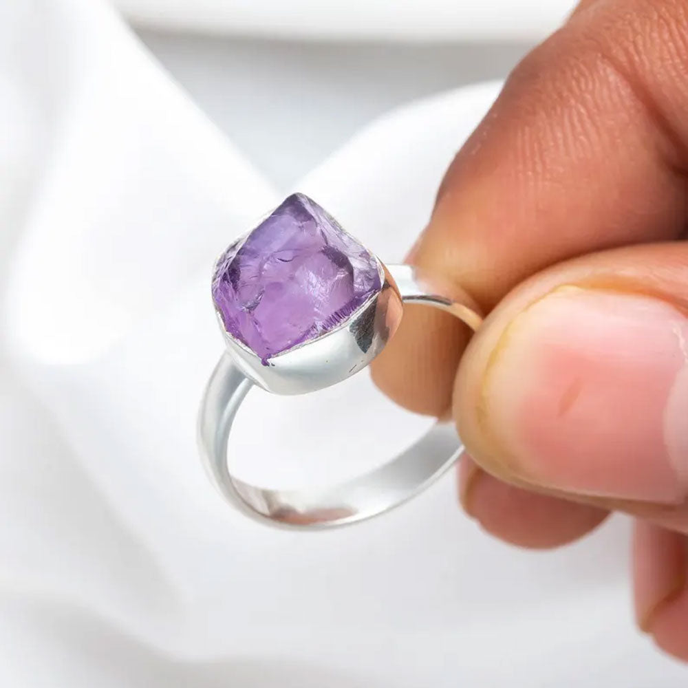 Sterling Silver Ring with Raw Purple Amethyst Crystal