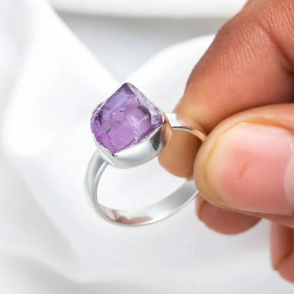 Sterling Silver Ring with Raw Purple Amethyst Crystal