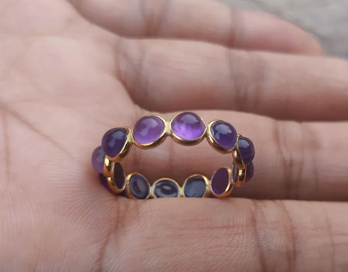Trendy 925 Sterling Silver Gold Plated Gems Rings 3MM Handmade Amethyst Stone Round Shape Bezel Set Ring For Her Jewelry