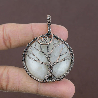 Handmade Copper Bezel With Wire Wrapped Tree Pendant Round Shape 25To30MM Rainbow Moonstone Gemstone Pendant For Happy Birthday Gift's