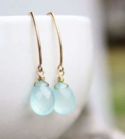 Blue Chalcedony Wire Wrapped Gold Plated Drop Earrings | Handmade