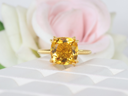Crafted By Hand Sterling Silver Gold Plated Fine Ring With Square Citrine Faceted Gemstone Prong Set For Anniversary Gift Women or Men Jewelry