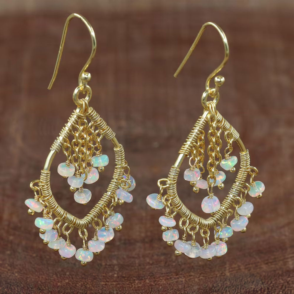 Handmade Metal Wire Wrapped Dangle Pair Earrings Ethiopian Opal Gemstone Stone Size 3To5MM Round Shape Wire Wrapped Setting Earring Foe Women's Gift Jewelry