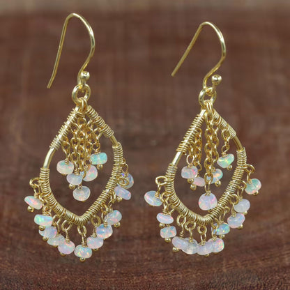 Handmade Metal Wire Wrapped Dangle Pair Earrings Ethiopian Opal Gemstone Stone Size 3To5MM Round Shape Wire Wrapped Setting Earring Foe Women's Gift Jewelry