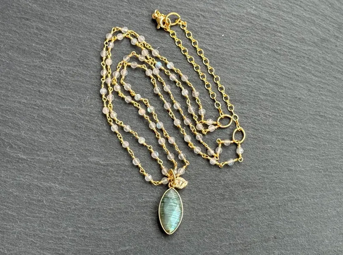 Handmade Wire Wrapped Brass Necklace Stone Size 8To16MM Pear Shape Labradorite Stone Bezel Set Necklace For Happy Birthday Gift For Women