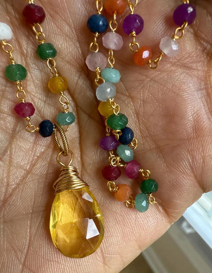 Handmade Wire Wrapped Brass Necklace Stone Size 15MM Pear Shape Citrine Hydro Stone Bezel Set Necklace For Happy Birthday Gift For Women