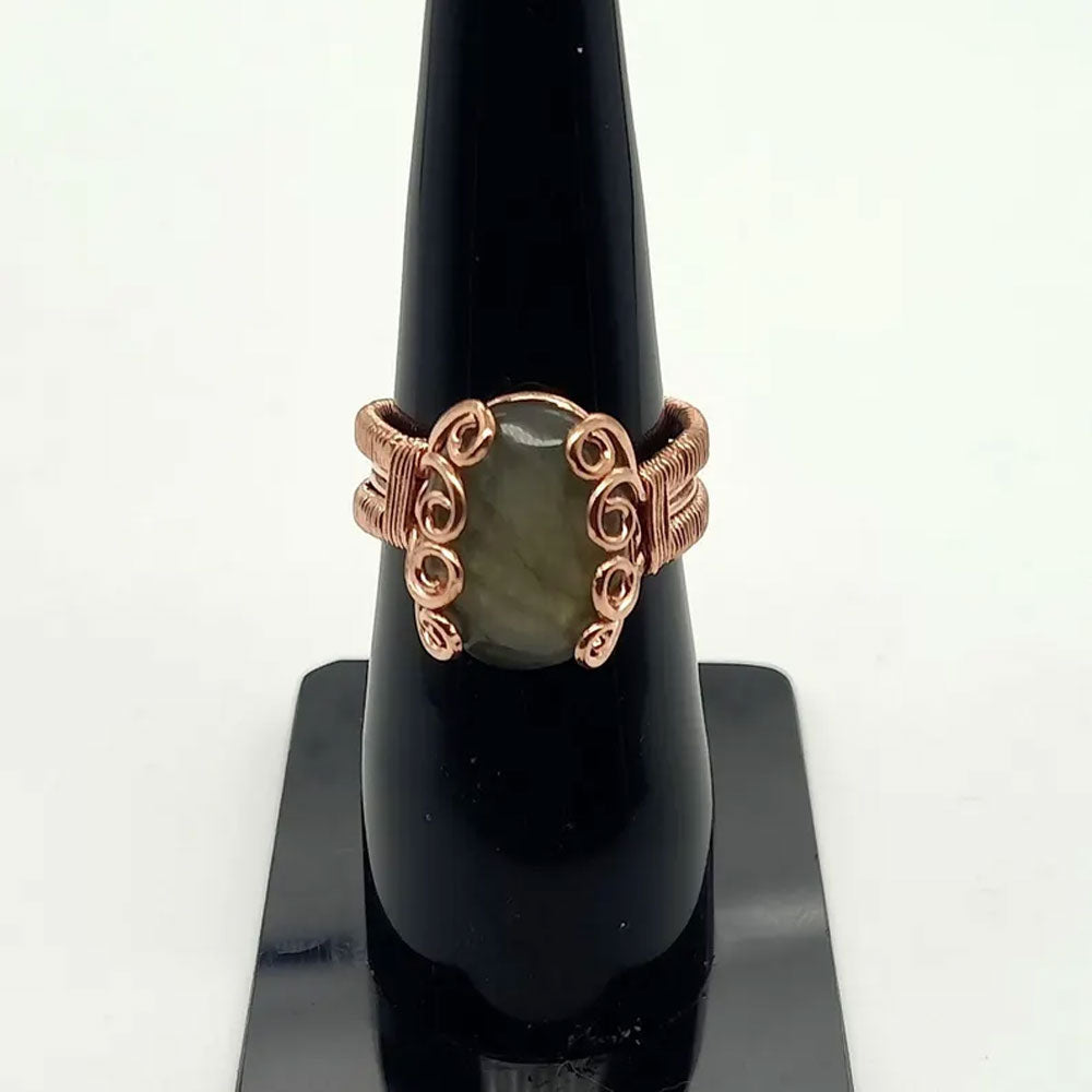 Handmade Wire Wrapped Brass Ring Size 10To12MM Oval Shape Labradorite Stone Bezel Set Ring For Happy Birthday Gift For Women