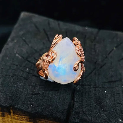 Adjustable Handmade Wire Wrapped Brass Ring Size 10To15 Oval Shape Opalite Quartz Stone Bezel Set Ring For Happy Birthday Gift For Women