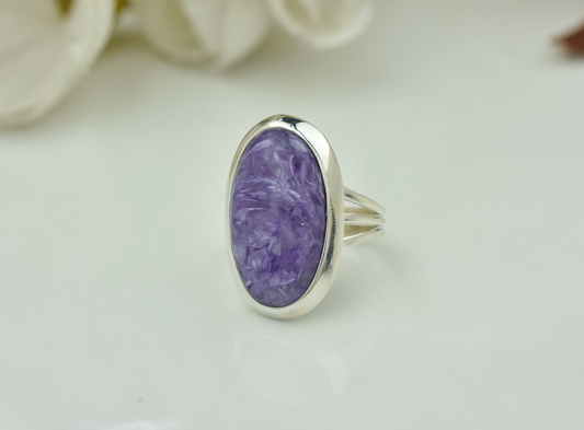 Crafted By Hand Sterling Silver Oval Shape Charoite Gemstone 10X14MM Ring Natural Charoite Bezel Set Women Vintage Ring Gift For Her