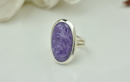 Oval Shape Charoite Gemstone Silver Ring Bezel 10X14mm