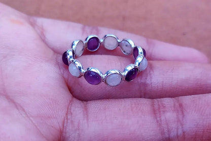 Trendy 925 Sterling Silver Gold Plated Gems Rings 3MM Handmade Amethyst or Rainbow Moonstone n Stone Round Shape Bezel Set Ring For Her Jewelry