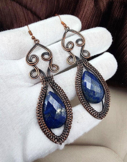 Handmade Metal Wire Wrapped Dangle Pair Earrings Lapis Lazuli Gemstone Stone Size 15MM Pear Shape Wire Wrapped Setting Earring Foe Women's Gift Jewelry