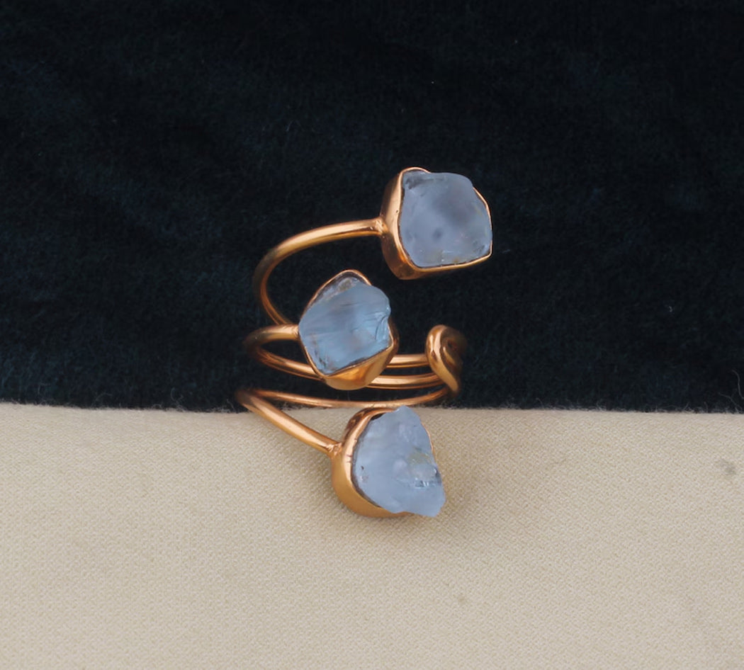 925 Sterling Silver Gold Plated Gemstone Rings 8X12MM Handmade Aquamarine Stone Raw Shape Bezel Set Ring For Her Jewelry