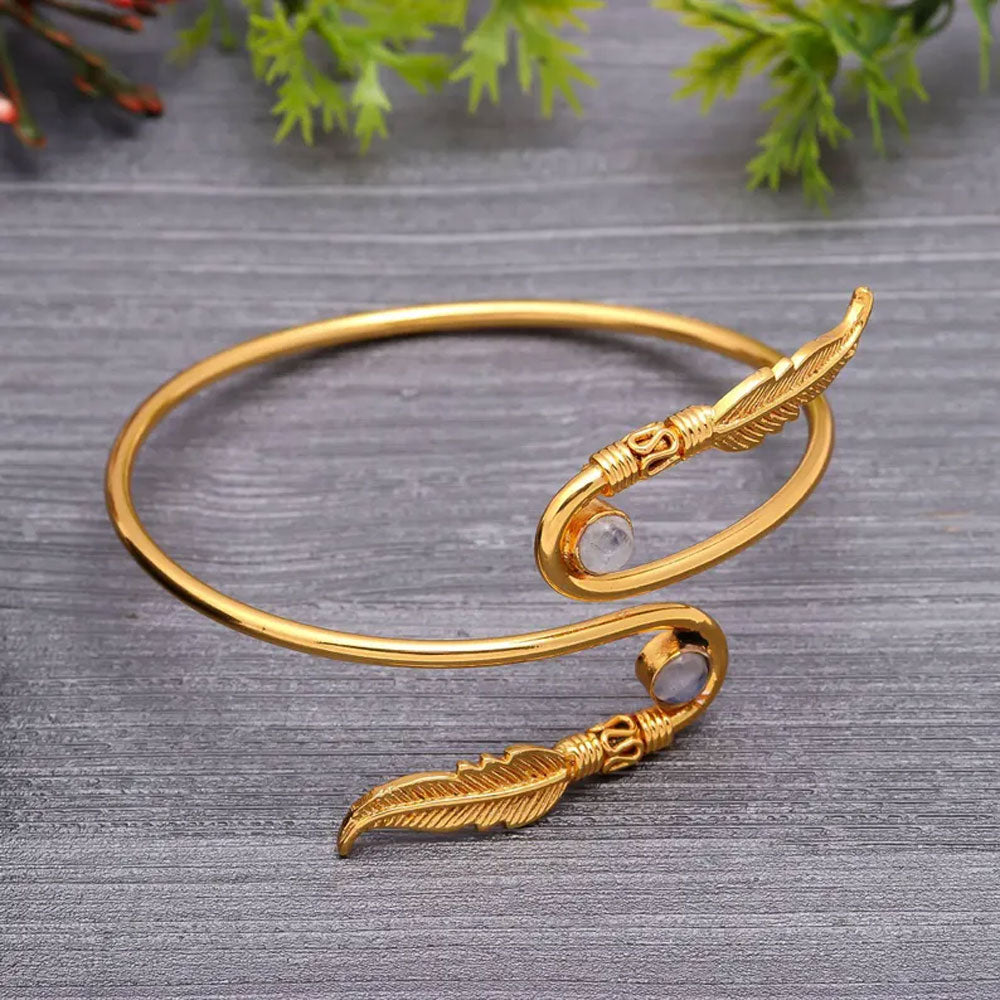 Boho Gold Feather Bypass Bangle with Moonstone Accents